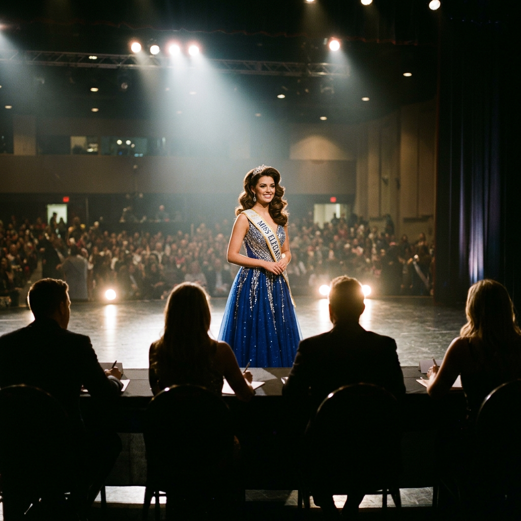 Pageant contestant under spotlights before silhouetted judges