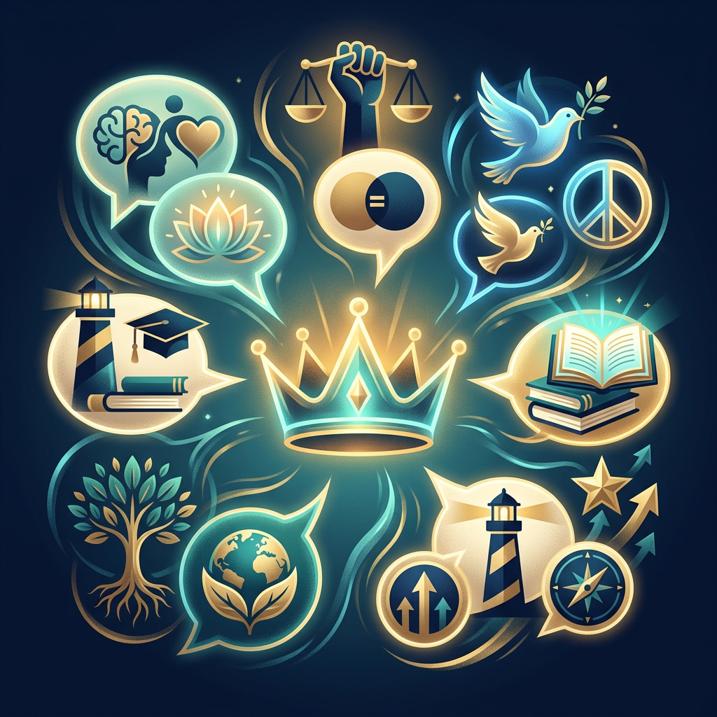 Illustrated crown surrounded by symbols of justice, peace, education, nature, and growth